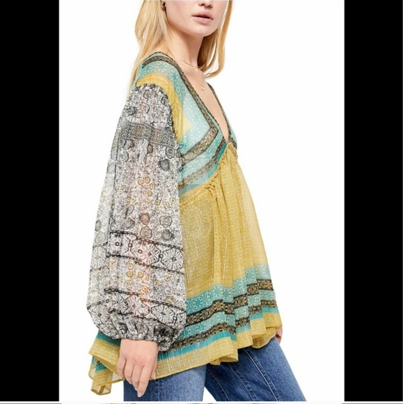 Womens Free People Aliyah Printed Metallic Sheer Boho Tunic Top Size XS - Picture 3 of 10